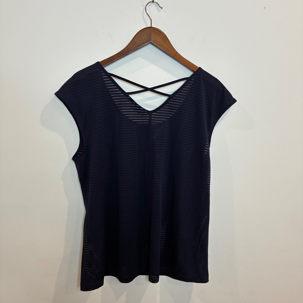 New York & Company Blue Short Sleeve Scoop Neck Crisscross Back Top Large